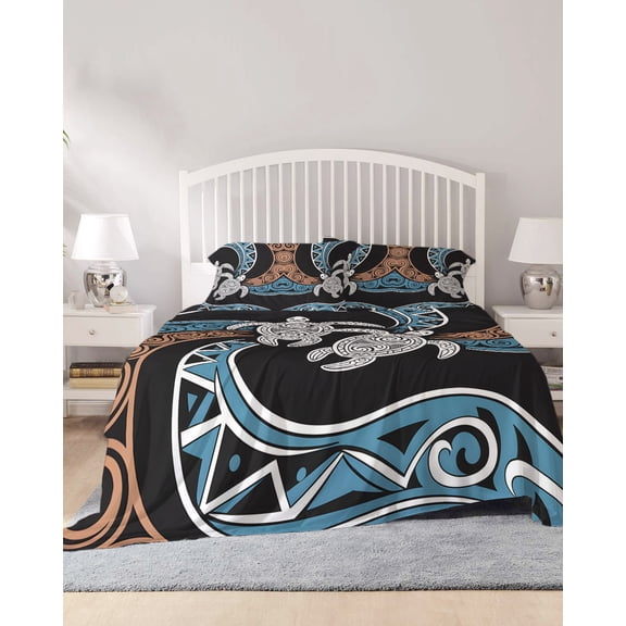 4 Piece Full Sheet Set Polynesia Texture Sheets Set for Full Size Bed, Breathable Soft Microfiber Bed Sheets Cooling Retro Traditional Tribe Turtle Abstract Fitted Sheet Deep Pocket, Pillowcases