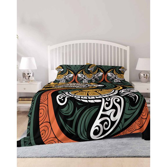 4 Piece Full Sheet Set Polynesia Texture Sheets Set for Full Size Bed, Breathable Soft Microfiber Bed Sheets Cooling Traditional Tribe Coastal Turtle Abstract Fitted Sheet Deep Pocket, Pillowcases
