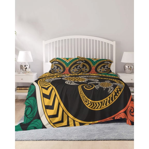 4 Piece Full Sheet Set Polynesia Texture Sheets Set for Full Size Bed, Breathable Soft Microfiber Bed Sheets Cooling Traditional Tribe Sea Turtle Abstract Art Fitted Sheet Deep Pocket, Pillowcases