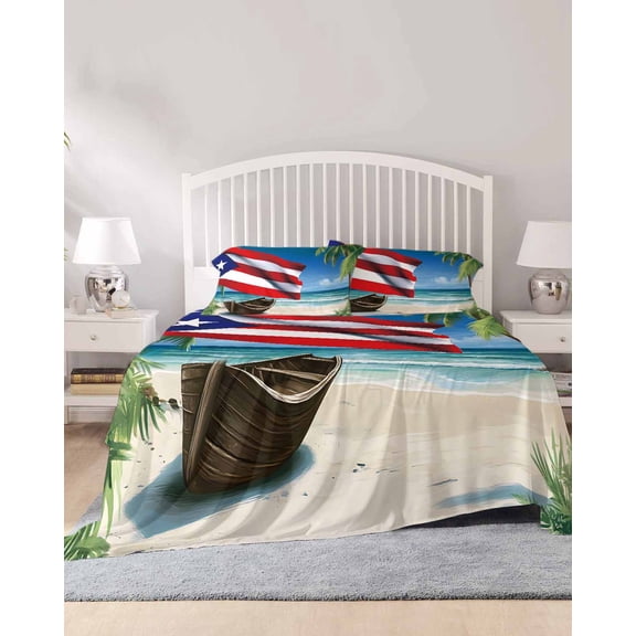 4 Piece Full Sheet Set Puerto Rico Flag Sea Sheets Set for Full Size Bed, Breathable Soft Microfiber Bed Sheets Cooling Beach Palm Trees Boat Nautical Fitted Sheet Deep Pocket, Pillowcases