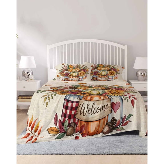 4 Piece Full Sheet Set Pumpkin Fall Sheets Set for Full Size Bed, Breathable Soft Microfiber Bed Sheets Cooling Country Sunflower Leaf Harvest Autumn Fitted Sheet Deep Pocket, Pillowcases