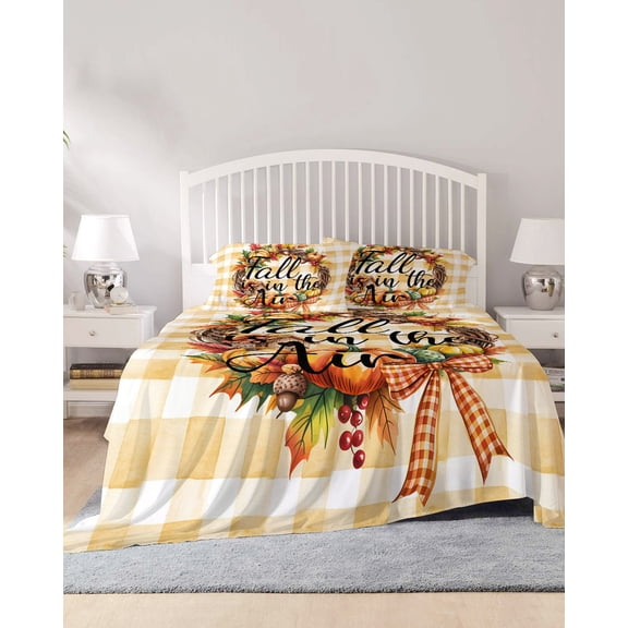 4 Piece Full Sheet Set Pumpkin Fall Sheets Set for Full Size Bed, Breathable Soft Microfiber Bed Sheets Cooling Thanksgiving Maple Leaf Orange Check Fitted Sheet Deep Pocket, Pillowcases