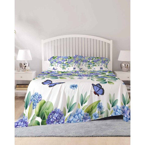 4 Piece Full Sheet Set Purple Hydrangea Sheets Set for Full Size Bed, Breathable Soft Microfiber Bed Sheets Cooling Spring Eucalyptus Butterfly Pastoral Fitted Sheet Deep Pocket, Pillowcases