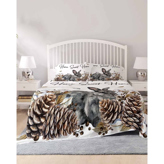 4 Piece Full Sheet Set Rabbits Pine Cone Sheets Set for Full Size Bed, Breathable Soft Microfiber Bed Sheets Cooling Sweet Home Texture Brown Leaves Berries Fitted Sheet Deep Pocket, Pillowcases
