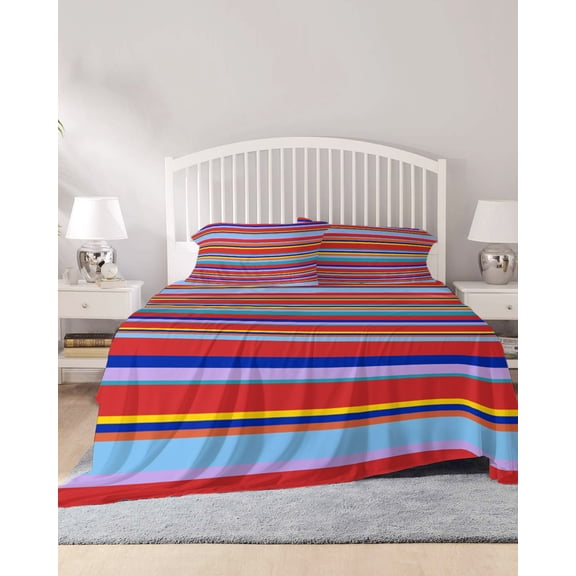4 Piece Full Sheet Set Rainbow Striped Sheets Set for Full Size Bed, Breathable Soft Microfiber Bed Sheets Cooling Red Blue Yellow Geometric Abstract Fitted Sheet Deep Pocket, Pillowcases