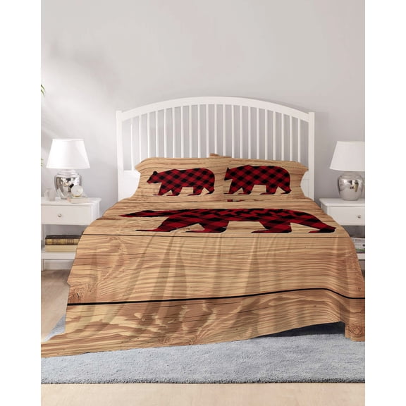 4 Piece Full Sheet Set Red Black Plaid Bear Sheets Set for Full Size Bed, Breathable Soft Microfiber Bed Sheets Cooling Farmhouse Cabin Brown Wood Grain Fitted Sheet Deep Pocket, Pillowcases