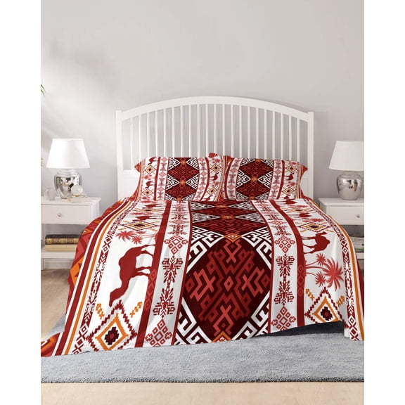4 Piece Full Sheet Set Red Boho Sheets Set for Full Size Bed, Breathable Soft Microfiber Bed Sheets Cooling Southwestern Aztec Palm Tree Animals Patterned Fitted Sheet Deep Pocket, Pillowcases