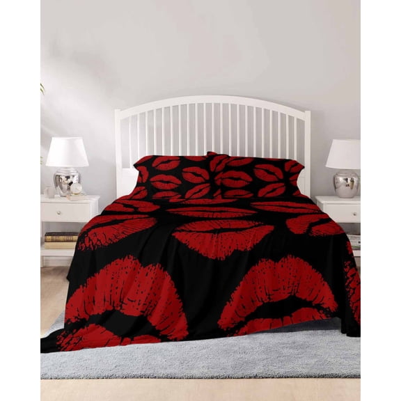 4 Piece Full Sheet Set Red Lips Sheets Set for Full Size Bed, Breathable Soft Microfiber Bed Sheets Cooling Modern Abstract Romantic Texture Aesthetic Fitted Sheet Deep Pocket, Pillowcases