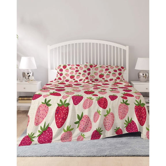 4 Piece Full Sheet Set Red Pink Strawberry Sheets Set for Full Size Bed, Breathable Soft Microfiber Bed Sheets Cooling Beige Lovely Summer Spring Fruit Fitted Sheet Deep Pocket, Pillowcases