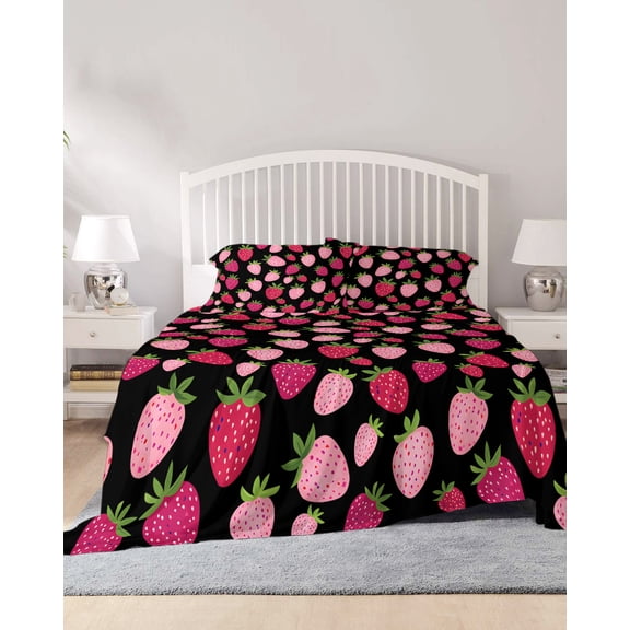 4 Piece Full Sheet Set Red Pink Strawberry Sheets Set for Full Size Bed, Breathable Soft Microfiber Bed Sheets Cooling Black Lovely Summer Spring Fruit Fitted Sheet Deep Pocket, Pillowcases