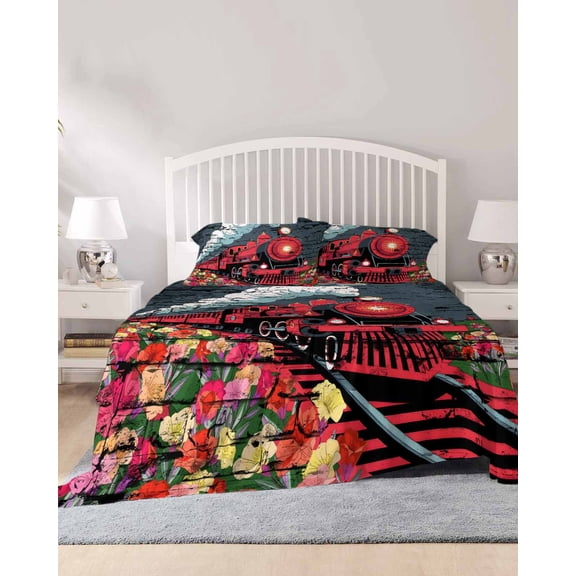 4 Piece Full Sheet Set Red Trains Sheets Set for Full Size Bed, Breathable Soft Microfiber Bed Sheets Cooling Shabby Chic Cartoon Retro Flowers Artwork Fitted Sheet Deep Pocket, Pillowcases