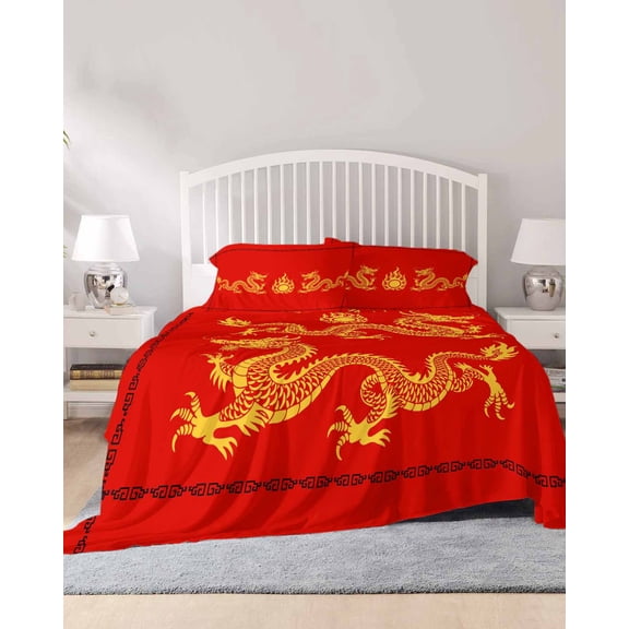 4 Piece Full Sheet Set Red Yellow Dragon Sheets Set for Full Size Bed, Breathable Soft Microfiber Bed Sheets Cooling Happy New Year Fitted Sheet Deep Pocket, Pillowcases