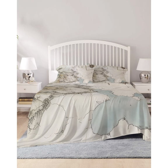 4 Piece Full Sheet Set Retro Map Sheets Set for Full Size Bed, Breathable Soft Microfiber Bed Sheets Cooling Middle Century Rustic Mountain Ocean Landscape Fitted Sheet Deep Pocket, Pillowcases