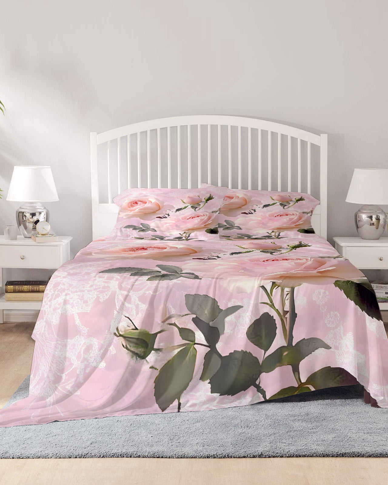 4 Piece Full Sheet Set Romantic Pink Roses Sheets Set for Full Size Bed ...