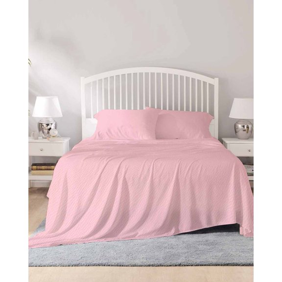 4 Piece Full Sheet Set Solid Pink Sheets Set for Full Size Bed, Breathable Soft Microfiber Bed Sheets Cooling Romantic Minimalism Abstract Denim Texture Fitted Sheet Deep Pocket, Pillowcases