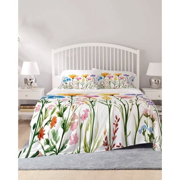 4 Piece Full Sheet Set Spring Blooms Botanicals Sheets Set for Full Size Bed, Breathable Soft Microfiber Bed Sheets Cooling Colorful Floral Watercolor Fitted Sheet Deep Pocket, Pillowcases