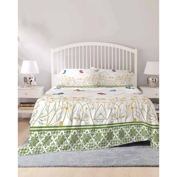 4 Piece Full Sheet Set Spring Daisy Sheets Set for Full Size Bed, Breathable Soft Microfiber Bed Sheets Cooling Country Botanical Flowers Butterflies Art Fitted Sheet Deep Pocket, Pillowcases