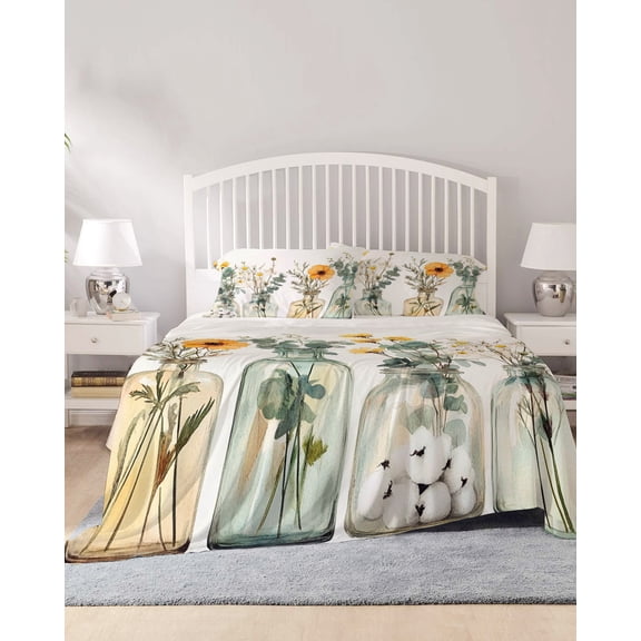 4 Piece Full Sheet Set Spring Floral Sheets Set for Full Size Bed, Breathable Soft Microfiber Bed Sheets Cooling Eucalyptus Leaf Summer Botanical Watercolor Fitted Sheet Deep Pocket, Pillowcases