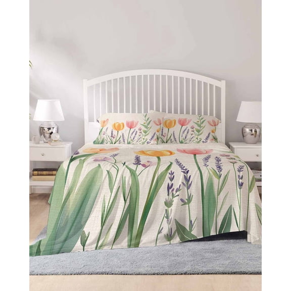 4 Piece Full Sheet Set Spring Floral Sheets Set for Full Size Bed, Breathable Soft Microfiber Bed Sheets Cooling Pink Yellow Tulip Botanical Summer Fitted Sheet Deep Pocket, Pillowcases