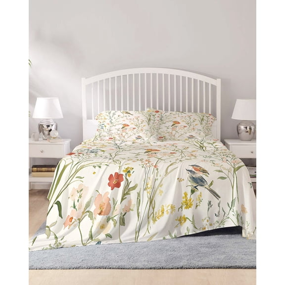4 Piece Full Sheet Set Spring Floral Sheets Set for Full Size Bed, Breathable Soft Microfiber Bed Sheets Cooling Summer Birds Botanical Country Pastoral Fitted Sheet Deep Pocket, Pillowcases