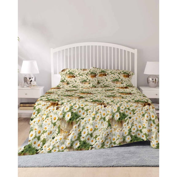 4 Piece Full Sheet Set Spring Flowers Sheets Set for Full Size Bed, Breathable Soft Microfiber Bed Sheets Cooling Botanical Blossom White Daisy Floral Fitted Sheet Deep Pocket, Pillowcases