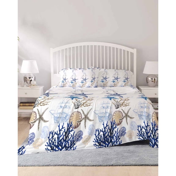 4 Piece Full Sheet Set Starfish Sheets Set for Full Size Bed, Breathable Soft Microfiber Bed Sheets Cooling Blue Ocean Coastal Coral Shell Nautical Boat Fitted Sheet Deep Pocket, Pillowcases