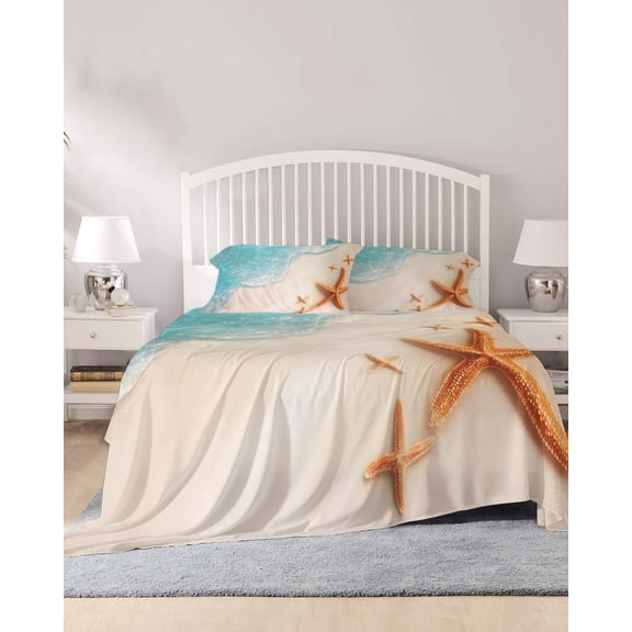 4 Piece Full Sheet Set Starfish Sheets Set for Full Size Bed, Breathable Soft Microfiber Bed Sheets Cooling Coastal Ocean Beach Sand Seashore Waves Fitted Sheet Deep Pocket, Pillowcases