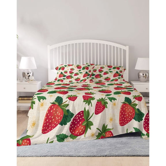 4 Piece Full Sheet Set Strawberry Rustic Sheets Set for Full Size Bed, Breathable Soft Microfiber Bed Sheets Cooling Beige Spring Summer Floral Fruit Fitted Sheet Deep Pocket, Pillowcases