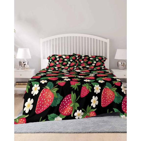 4 Piece Full Sheet Set Strawberry Rustic Sheets Set for Full Size Bed, Breathable Soft Microfiber Bed Sheets Cooling Black Spring Summer Floral Fruit Fitted Sheet Deep Pocket, Pillowcases