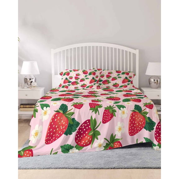 4 Piece Full Sheet Set Strawberry Rustic Sheets Set for Full Size Bed, Breathable Soft Microfiber Bed Sheets Cooling Pink Spring Summer Floral Fruit Fitted Sheet Deep Pocket, Pillowcases
