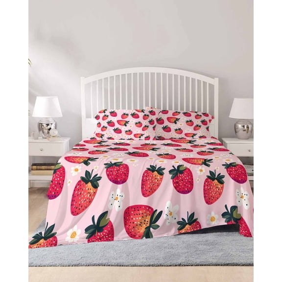 4 Piece Full Sheet Set Strawberry Sheets Set for Full Size Bed, Breathable Soft Microfiber Bed Sheets Cooling Pink Spring Summer Rustic Floral Fruit Fitted Sheet Deep Pocket, Pillowcases