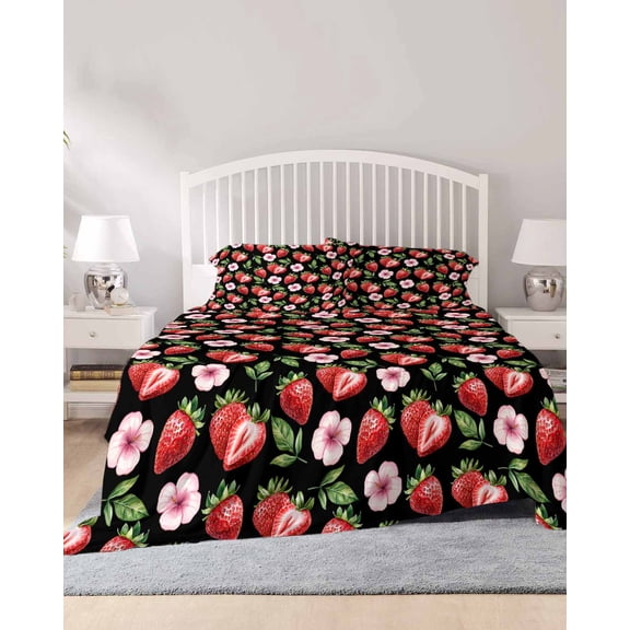 4 Piece Full Sheet Set Strawberry Sheets Set for Full Size Bed, Breathable Soft Microfiber Bed Sheets Cooling Red Fruit Flowers Leaf Tropical Summer Fitted Sheet Deep Pocket, Pillowcases