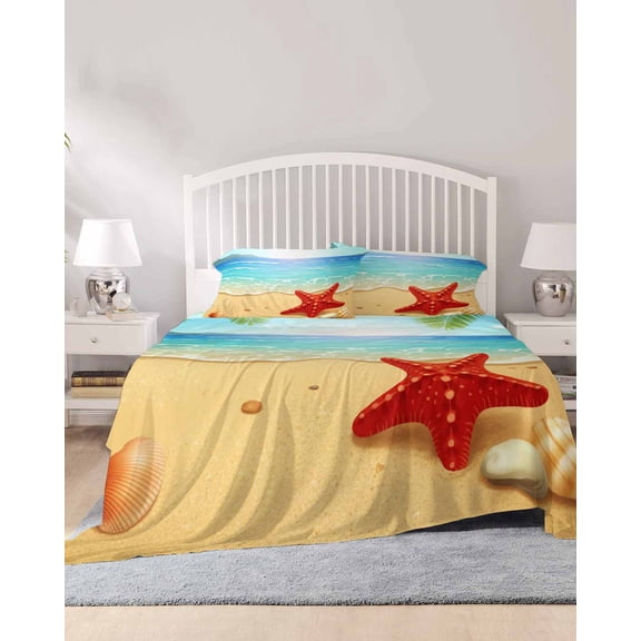 4 Piece Full Sheet Set Summer Beach Sheets Set for Full Size Bed, Breathable Soft Microfiber Bed Sheets Cooling Coastal Red Starfish Conch Palm Seaside Fitted Sheet Deep Pocket, Pillowcases