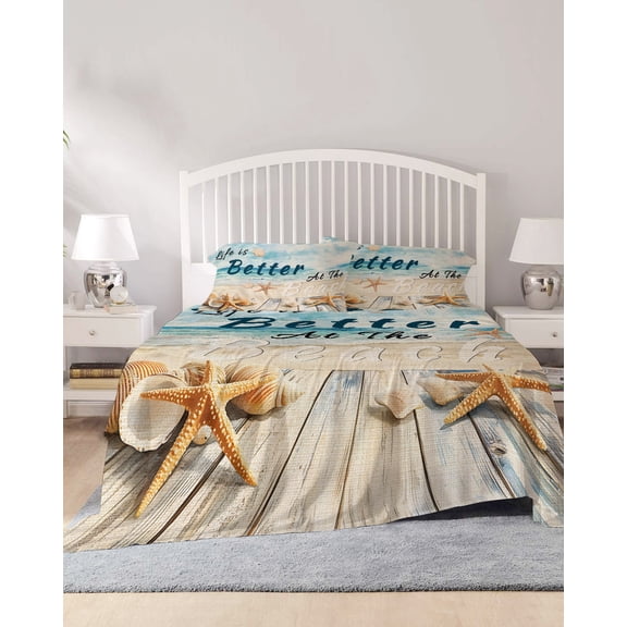 4 Piece Full Sheet Set Summer Beach Sheets Set for Full Size Bed, Breathable Soft Microfiber Bed Sheets Cooling Watercolor Ocean Waves Starfish Plank Fitted Sheet Deep Pocket, Pillowcases