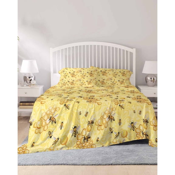 4 Piece Full Sheet Set Summer Bees Sheets Set for Full Size Bed, Breathable Soft Microfiber Bed Sheets Cooling Pastoral Garden Yellow Honey Watercolor Fitted Sheet Deep Pocket, Pillowcases