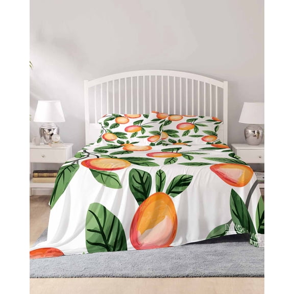 4 Piece Full Sheet Set Summer Fruits Sheets Set for Full Size Bed, Breathable Soft Microfiber Bed Sheets Cooling Spring Orange Peach Green Botanical Fitted Sheet Deep Pocket, Pillowcases