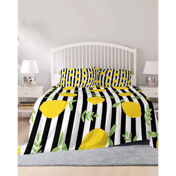 4 Piece Full Sheet Set Summer Lemon Sheets Set for Full Size Bed, Breathable Soft Microfiber Bed Sheets Cooling Country Botanical Fruits Black Striped Fitted Sheet Deep Pocket, Pillowcases