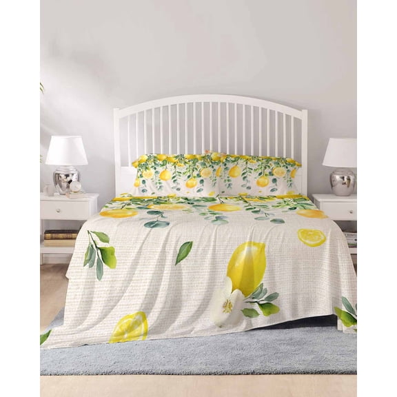4 Piece Full Sheet Set Summer Lemon Sheets Set for Full Size Bed, Breathable Soft Microfiber Bed Sheets Cooling Eucalyptus Flower Leaf Retro Botanical Fitted Sheet Deep Pocket, Pillowcases