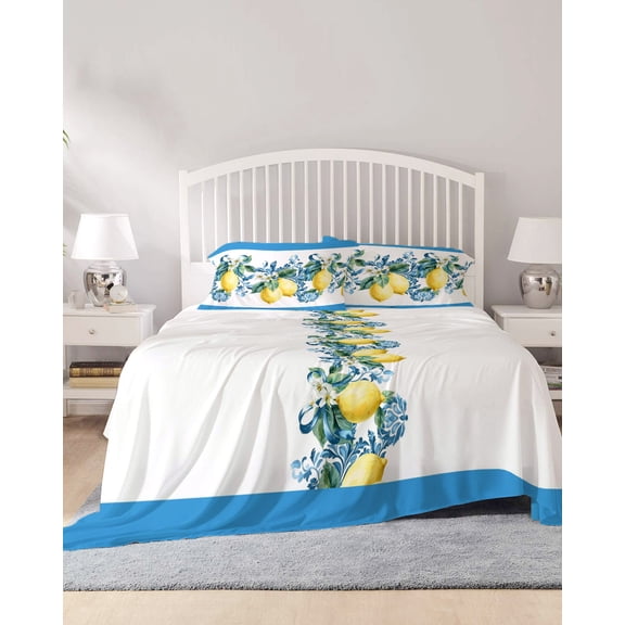 4 Piece Full Sheet Set Summer Lemon Sheets Set for Full Size Bed, Breathable Soft Microfiber Bed Sheets Cooling Pastoral Tropical Fruit Botanical Striped Fitted Sheet Deep Pocket, Pillowcases