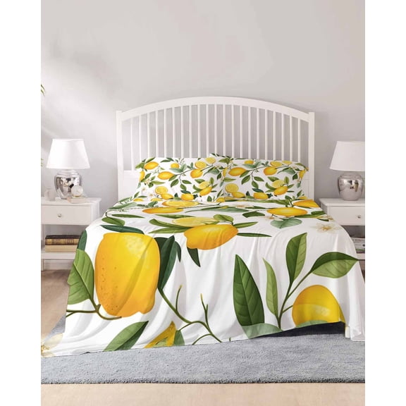 4 Piece Full Sheet Set Summer Lemons Sheets Set for Full Size Bed, Breathable Soft Microfiber Bed Sheets Cooling Farmhouse Tropical Fruits Floral Country Fitted Sheet Deep Pocket, Pillowcases