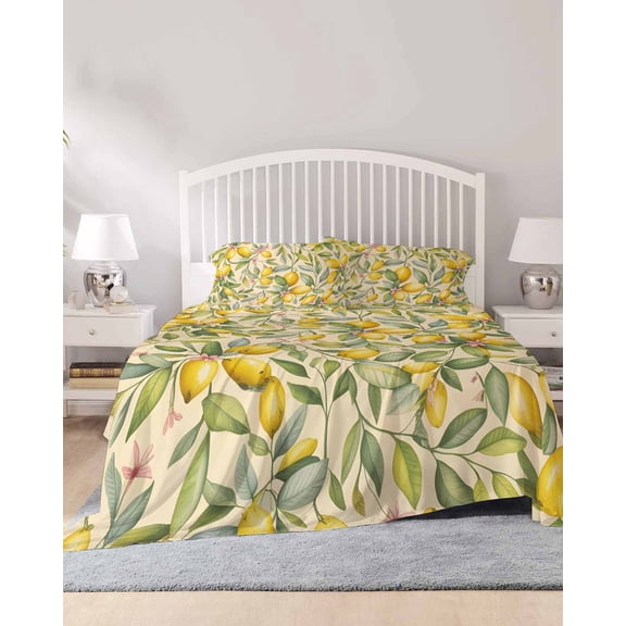 4 Piece Full Sheet Set Summer Lemons Sheets Set for Full Size Bed, Breathable Soft Microfiber Bed Sheets Cooling Vintage Fruits Green Leaf Botanical Fitted Sheet Deep Pocket, Pillowcases