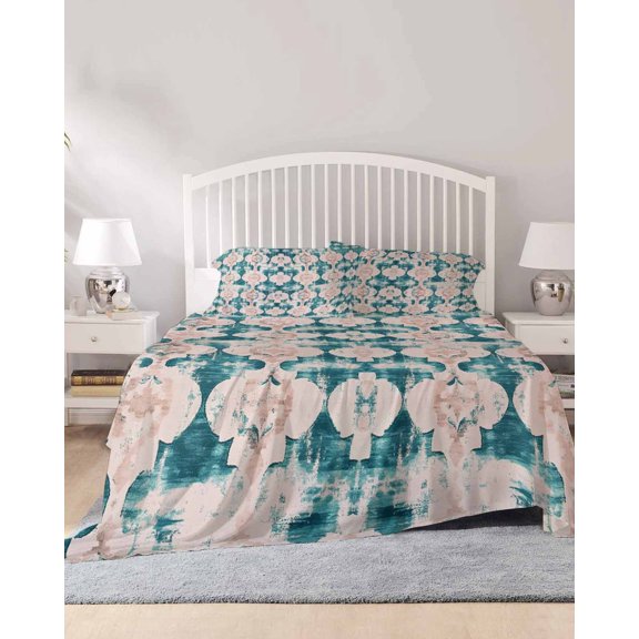 4 Piece Full Sheet Set Teal Boho Sheets Set for Full Size Bed, Breathable Soft Microfiber Bed Sheets Cooling Farmhouse Retro Ethnic Turkish Pattern Motifs Fitted Sheet Deep Pocket, Pillowcases
