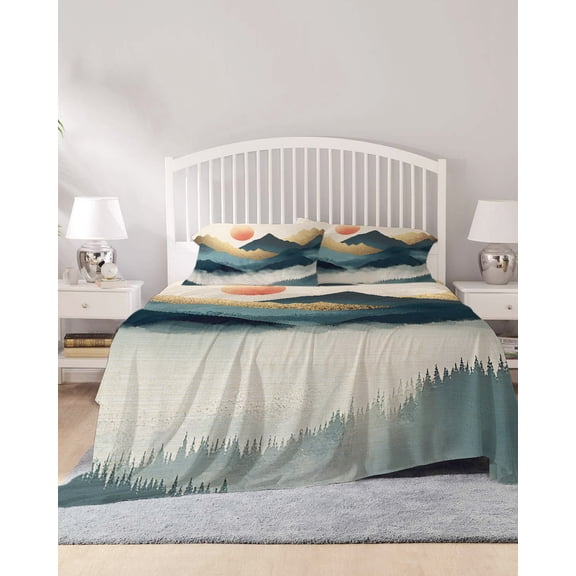 4 Piece Full Sheet Set Teal Golden Mountain Sheets Set for Full Size Bed, Breathable Soft Microfiber Bed Sheets Cooling Tree Peaks Landscape Fitted Sheet Deep Pocket, Pillowcases