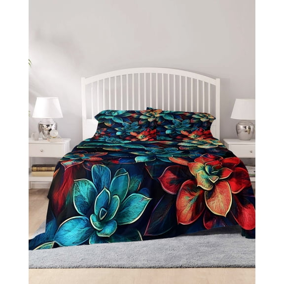 4 Piece Full Sheet Set Teal Red Succulent Sheets Set for Full Size Bed, Breathable Soft Microfiber Bed Sheets Cooling Abstract Vintage Botanical Fitted Sheet Deep Pocket, Pillowcases