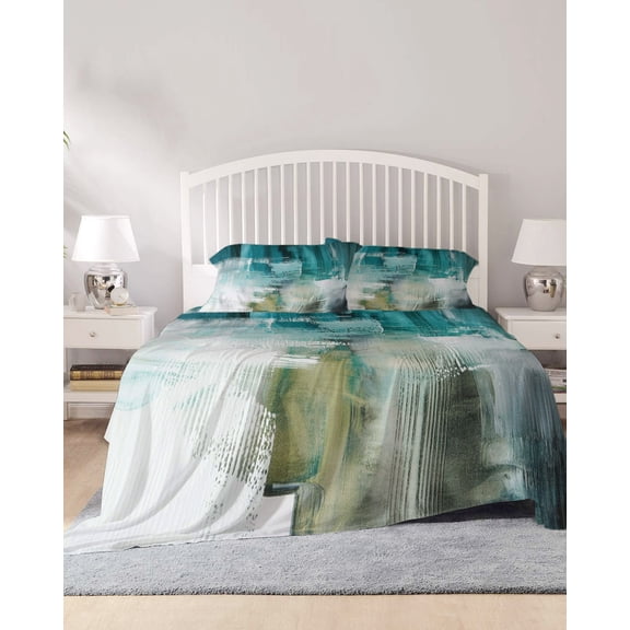 4 Piece Full Sheet Set Teal Turquoise Sheets Set for Full Size Bed, Breathable Soft Microfiber Bed Sheets Cooling Modern Abstract Minimalism Ombre Art Fitted Sheet Deep Pocket, Pillowcases