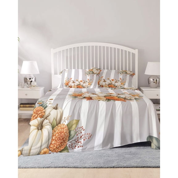 4 Piece Full Sheet Set Thanksgiving Pumpkins Sheets Set for Full Size Bed, Breathable Soft Microfiber Bed Sheets Cooling Autumn Flowers Leaf Gray Striped Fitted Sheet Deep Pocket, Pillowcases