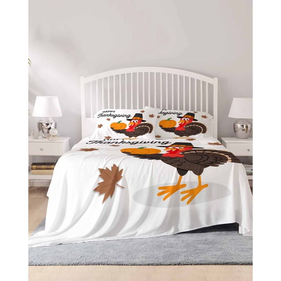 4 Piece Full Sheet Set Thanksgiving Turkey Sheets Set for Full Size Bed, Breathable Soft Microfiber Bed Sheets Cooling Fall Modern Minimalist Maple Leaf Fitted Sheet Deep Pocket, Pillowcases