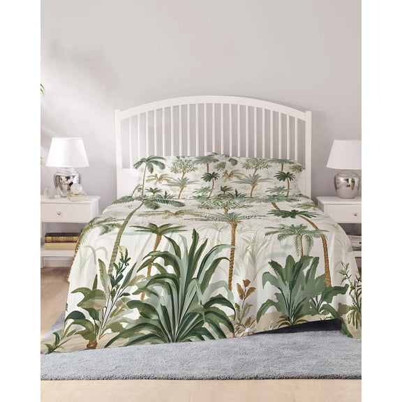 4 Piece Full Sheet Set Tropical Green Palm Tree Sheets Set for Full Size Bed, Breathable Soft Microfiber Bed Sheets Cooling Summer Beach Botanical Fitted Sheet Deep Pocket, Pillowcases