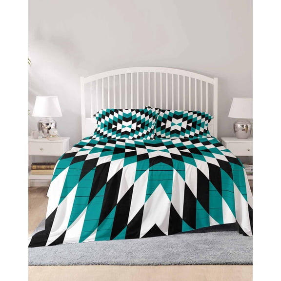4 Piece Full Sheet Set Turquoise Aztec Sheets Set for Full Size Bed, Breathable Soft Microfiber Bed Sheets Cooling Black White Southwest Vintage Geometric Fitted Sheet Deep Pocket, Pillowcases
