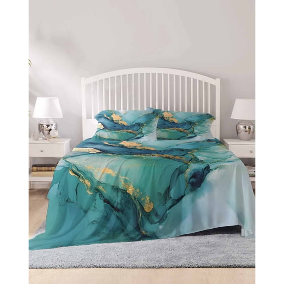4 Piece Full Sheet Set Turquoise Marble Sheets Set for Full Size Bed, Breathable Soft Microfiber Bed Sheets Cooling Abstract Minimalist Art Ombre Blue Fitted Sheet Deep Pocket, Pillowcases